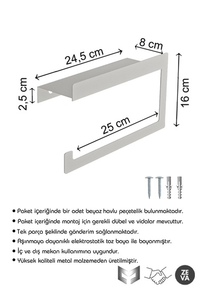 Beyaz Metal Duvara Monte Havlu Peçetelik, Peçete Düzenleyici