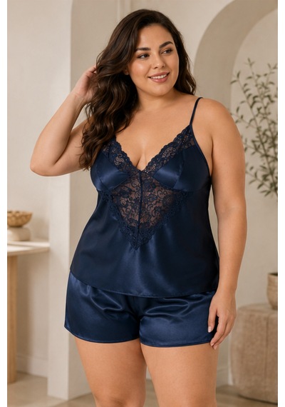 Loule Büyük Beden Lacivert Saten Şortlu Pijama Geniş Dantel Detaylı