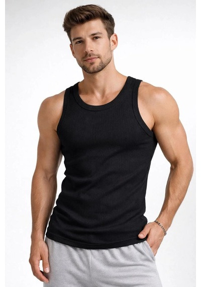 Assema Erkek Fitilli Atlet Sıfır Yaka Slim Fit Arka Baskılı Spor Atlet - Siyah Çok Renkli