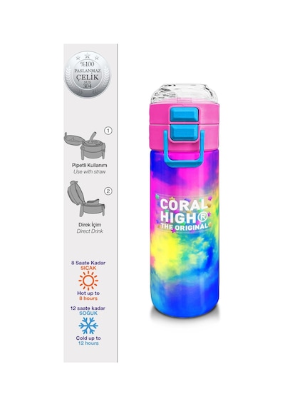 Coral High Kids Renkli Batik Desenli Pipetli Ve Direkt İçim Çelik Termos 500 Ml 31958 Açık Kırmızı