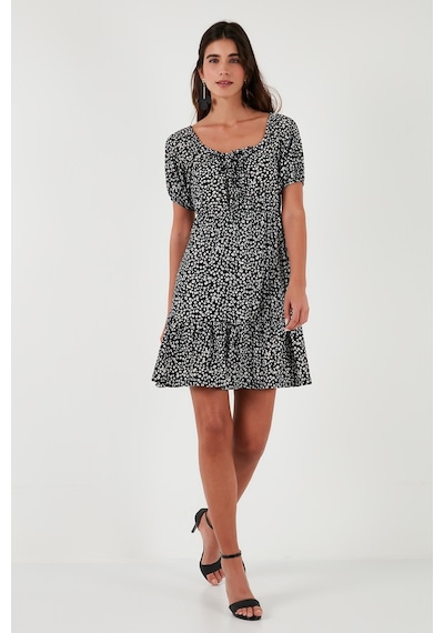 Lela Desenli Slim Fit Carmen Yaka Mini Bayan Elbise 5865620 Siyah