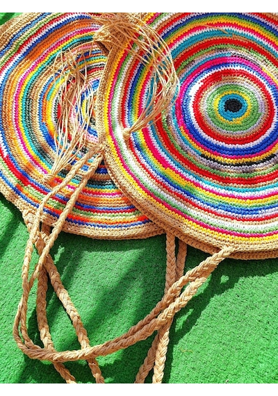 Kemzey Handmade Yuvarlak Xxl Çizgili Tote , Kağıt İp El Yapımı Renkli Çanta Çok Renkli Sarı