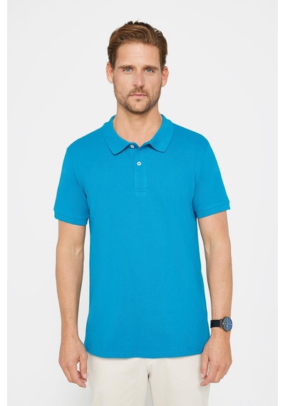 Tudors Erkek Slim Fit Dar Kesim %100 Pamuk Düz Pike Mavi Polo Yaka Tişört-30574 Mavi