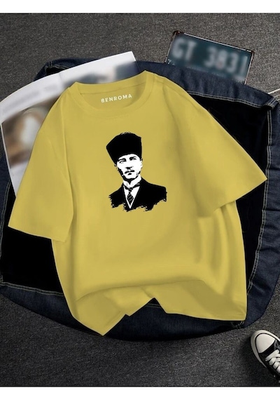Atatürk Baskılı Oversize Unisex Tişört Sari