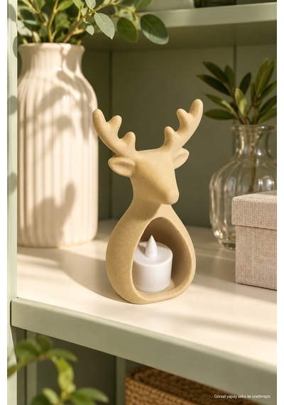 Geyik Figürlü Dekoratif Led Mumluk Bej, Çıkarılabilir Led Tea Light