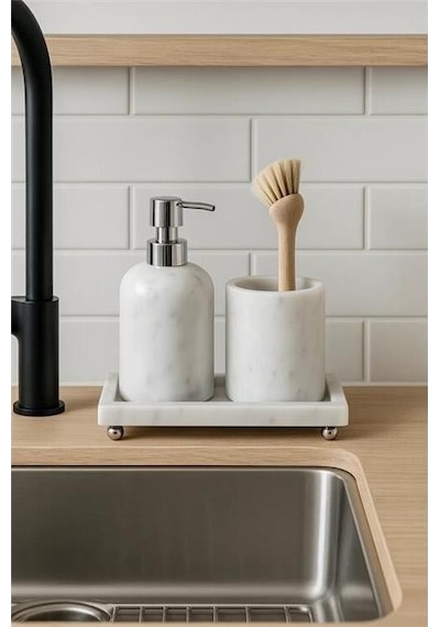 Akayev Mermer Beyaz 3 Parça Gümüş Ayak Banyo Seti Mutfak Sıvı Sabunluk Seti Beyaz