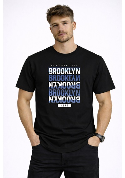 Herkesemoda Brooklyn Yazı Detaylı Erkek Basic T-shirt Siyah