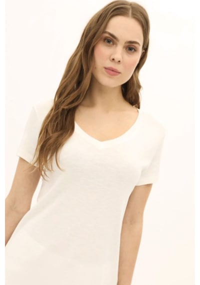 Daido Kadın V Yaka Kısa Kollu Pamuklu Basic T-shirt 5982 Ekru Ekru