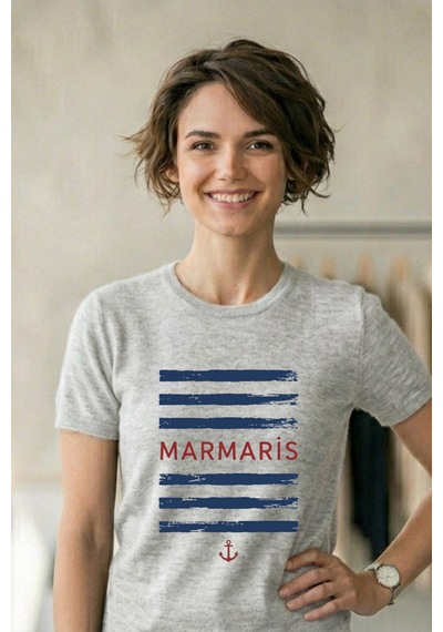 Baranışık Marmaris Marin Temalı Çizgili Ve Çapa Baskılı Unisex Tişört Gri