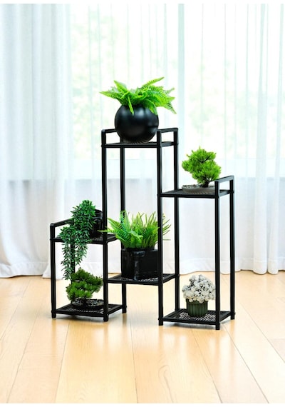 Dekoratif Metal 6 Raflı Saksılık Katlı Dikey Saksı Standı Çiçeklik Bahçe Ve Balkon Dekoru Garden Siyah