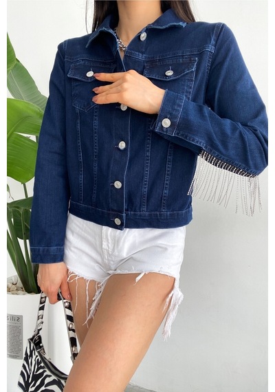 Femelle Kadın Sırtı Püsküllü Tasarım Denim Kot Ceket mavi