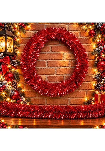 5 Metre Kırmızı Garland Kırmızı Çam Dalı 6 Cm Çap Yılbaşı Garlandı Parlak Metalik Dekor İnce Garland Diğer