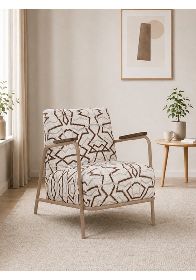 Atlas Model Berjer Sütlü Kahve Geometrik Desenli Soft Kumaş Tekli Koltuk Cappucino Metal İskelet Kurulu Gönderim Sütlü Kahverengi