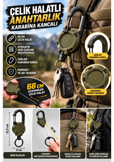 Çelik Halatlı Anahtarlık Karabina Kancalı Çok Amaçlı Anahtar Tutucu Haki