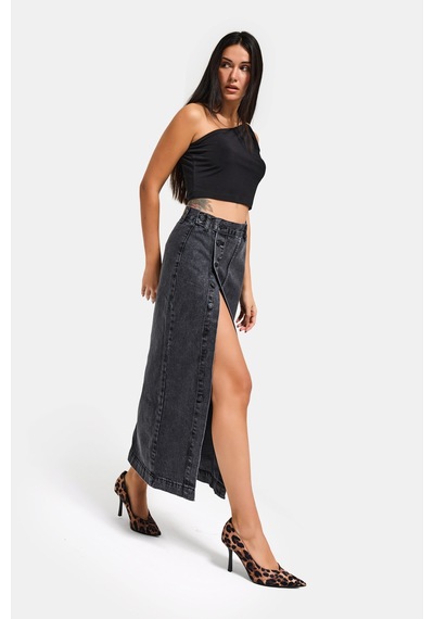 it's basic Kadın Gri Füme Renk Tilia Önü Düğmeli Maxi Boy Denim Etek