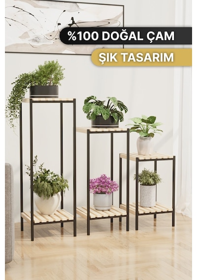 Bino Saksılık 3 Lü Set Ahşap Çiçeklik Dekoratif Lüks Bahçe Mobilyası Saksı Standı Bahçe Balkon Rafı
