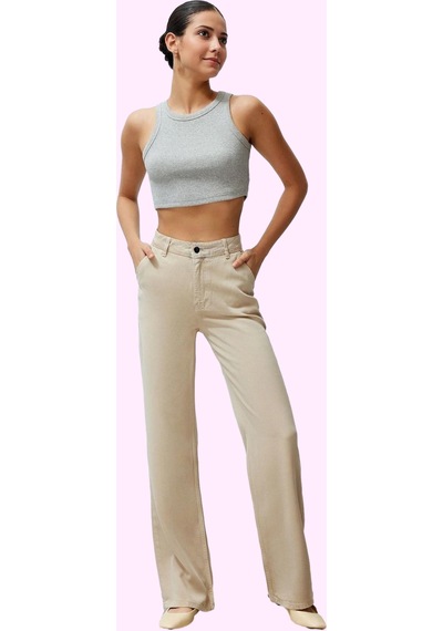 Ersefa Kadın Cool & Comfort Wide Leg Tencel Jean Pantolon Fonksiyonel Da Bej
