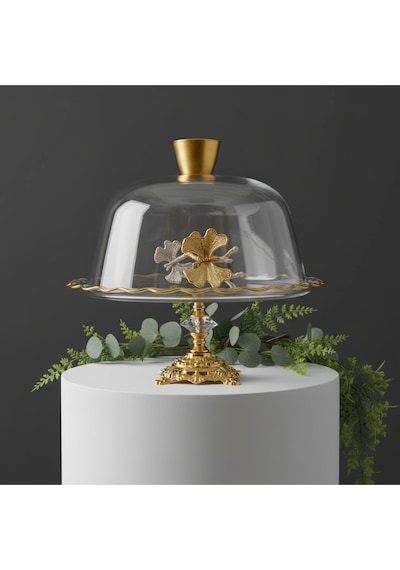 Çnr Home Collection Gold Metal Ayakli Cam Kapakli Kek Pasta Standi Fanus Gri