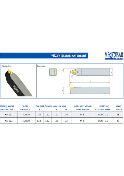 Mertsan Yüzey İşleme Torna Kateri Sdncn 25x25 Mm, 63 Derece, Dcmt 11 Kesici Uç Kullanır