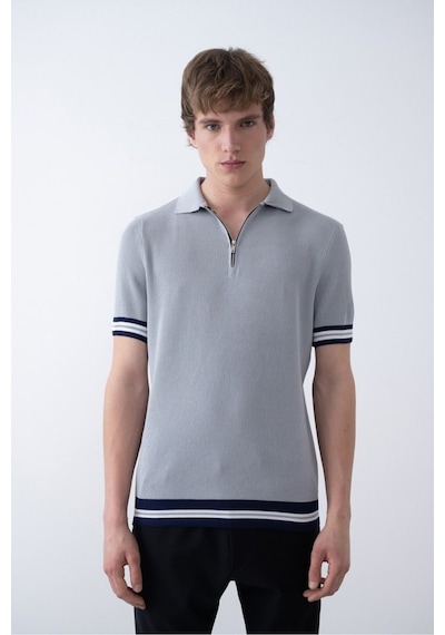 Baselco Triko Polo Yakalı T-shirt - Premium Ribana Detaylı Gri