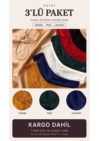 Suısy Colors Of Desire Dantelli Külot 3'lü Paket Siyah - Beyaz - Lacivert Çok Renkli
