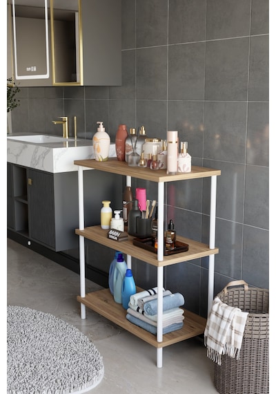 3 Raflı Çevir Tak Beyaz Metal Gövdeli Çok Amaçlı Banyo Rafı Ve Organizer Raf Banyo Dolabı Atlantik Çam