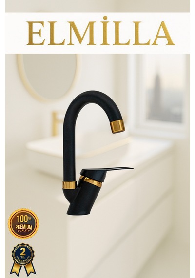 Siyah Gold Banyo Lavabo Musluğu Bataryası Çeşmesi Baston Borulu Lüx Tasarım Çif Su Giriş