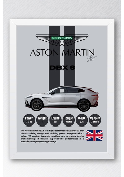 Aston Martin Dbx S Lüks Araba Tablosu - Teknik Özellikli Otomobil Posteri - Çerçeveli Duvar Dekoru Beyaz