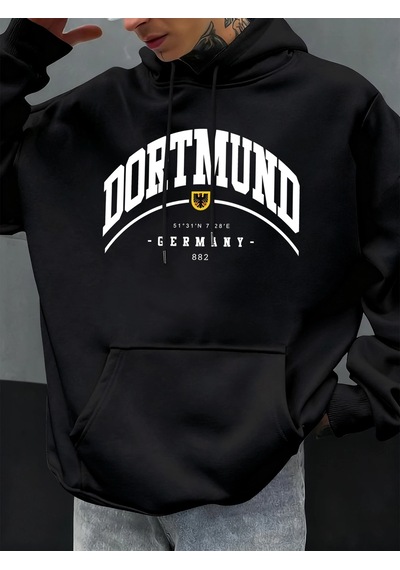 Tarzsokak Dortmund Almanya Mektup Desen Sonbahar Hoody Erkekler Rahat Büyük Boy Kapüşonlular Moda Polar Siyah