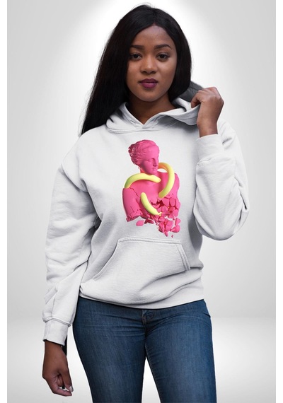 Pop Art Yaratıcı Heykel Pembe Kadın Erkek Beyaz Kapüşonlu Sweatshirt Hoodie Beyaz