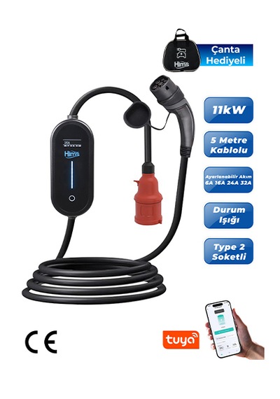 Hıms Hctk-11 11 Kw Trifaze Taşınabilir Elektrikli Araç Şarj Cihazı Wi-fi Mobil Uygulama Type 2