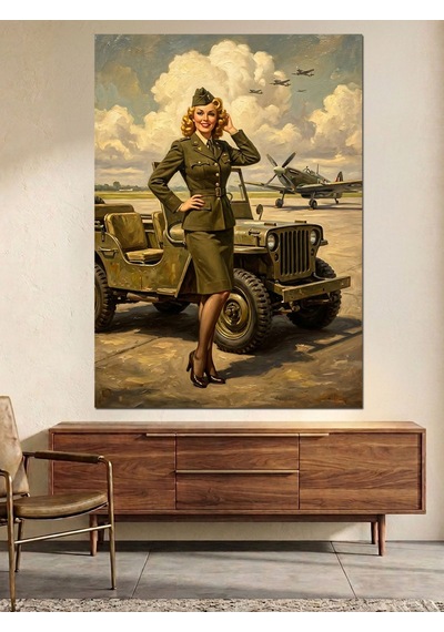 Askeri Üniformalı Pin-up Kadın Jeep Yanında Dekoratif Kanvas - Mdf Ahşap Tablo Çok Renkli