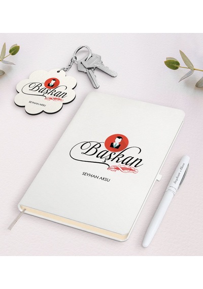 Kişiye Özel Başkan Beyaz Defter Kalem Ve Anahtarlık Seti-2