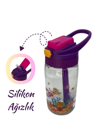 480 Ml Baskılı Çocuk Matarası Kilitli Kapak Ve Taşıma Kulpu Mor