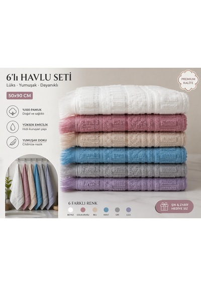 6'lı Pamuklu El Ve Yüz Havlusu Seti 50x90 Cm Premium Kalite, Yüksek Emici, Yumuşak Dokulu, Dayanıklı Beyaz