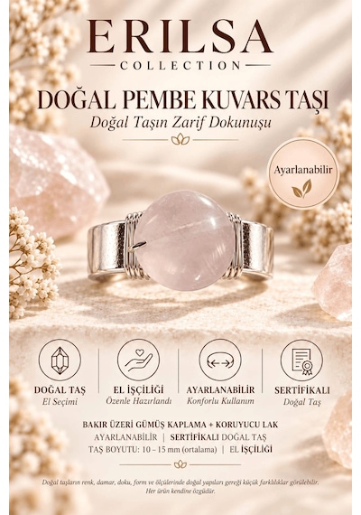 Sertifikalı Doğal Pembe Kuvars Taşı Ayarlanabilir El İşçiliği Güm Çok renkli