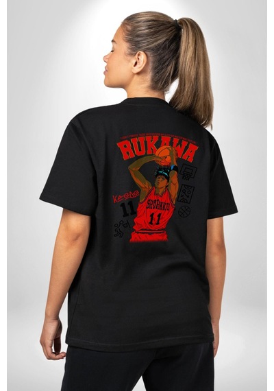 Rukawa Kaede Anime Basketbol Karakteri Pamuklu Unisex Oversize Sırt Dijital Baskılı Siyah T-shirt Siyah