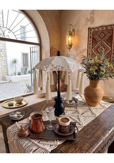 Missidea Masaüstü Dantelli Dekoratif Sunum Bali Şemsiyesi Naturel-siyah
