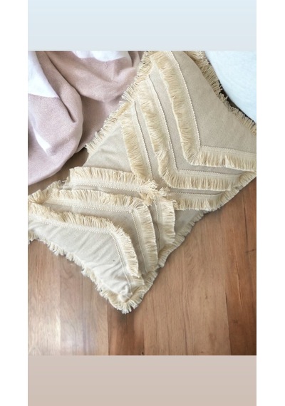 Dnc Home Tekstil Ndchome Çoklu Püsküllü Krem Keten Kırlent Kırlent Kılıfı 35 X 55