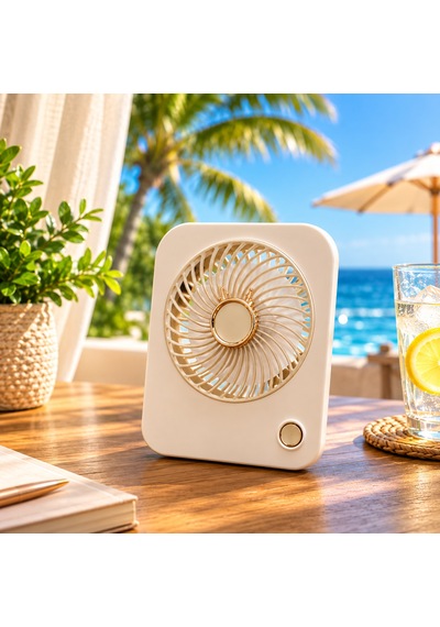 Vıp Yüksek Kalite Krem Masa Üstü Fan Kare El Fanı Plajda Çadırda 3 Hız Kademeli Şarjlı Fan 15x12 Cm