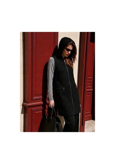Onno Style Women Kapüşonlu Çelik Örgü Uzun Triko Kadın Yelek Siyah