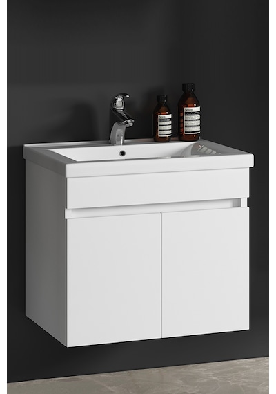 Çiğdem 55 Cm Beyaz Balon Mdf Seramik Lavabolu Asma Banyo Alt Dolabı Beyaz