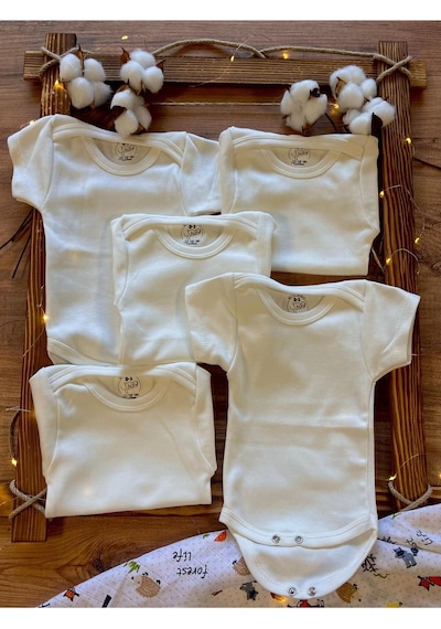 Betül Bebek Kısa Kollu 5'li Organik Pamuk Çıtçıtlı Bebek Body&zıbın 5 Adet Ekru