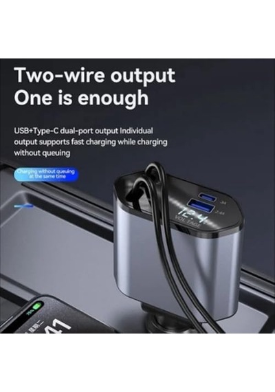 Araç Çekilebilir Araç Şarj Cihazı 2 Usb Bağlantı Noktası Desteği 120w Süper Hızlı Şarj Flaş Şarj 4'ü 1 Arada Çakmak, A