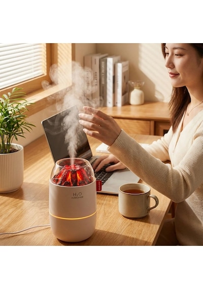 Buffer Ahşap Odun Ateşi Tasarımlı 280 Ml Ultrasonik Hava Nemlendirici & Aroma Difüzör Soğuk Buhar Makinesi, Led Işıkl