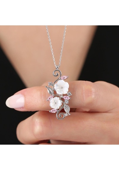 Pink Taşlı Manolya Çiçeği Sevgi Bahçesi Flowers Gümüş Kolye