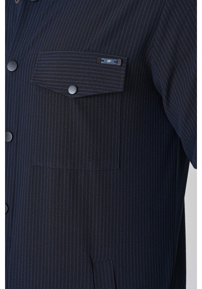 Comfort Fit Yan Cepli Esnek İnce Çizgili Lacivert Gömlek Ceket G 1608