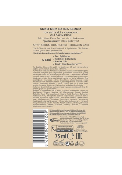 Arko Nem Extra Serum Glow Boost Ton Eşitleyici & Aydınlatıcı Cilt Bakım Kremi Skualen Yağlı 3x75 Ml
