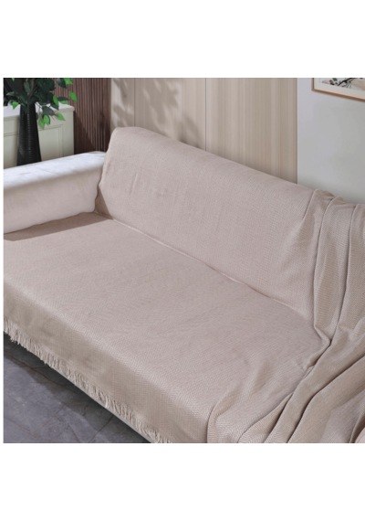 170 210 Cm Pamuklu Önden Saçaklı 170x210 Koltuk Örtüsü 2'li Paket Açık Bej