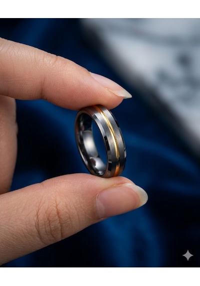 Erkek Gümüş Renk Gold Çizgi Detay 6 Mm Tungsten Yüzük
